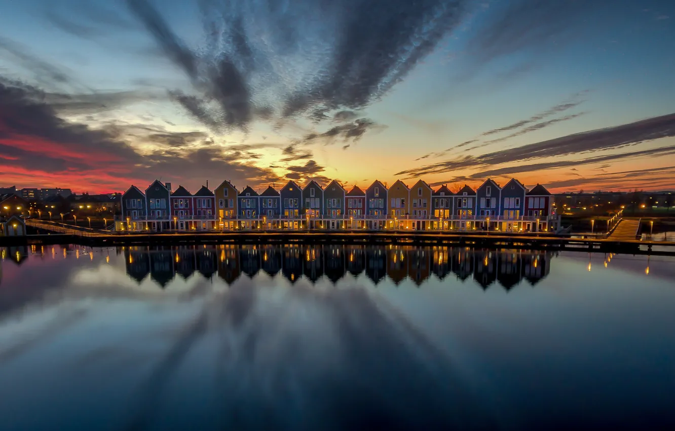 Photo wallpaper lights, reflection, home, the evening, Netherlands, Houten