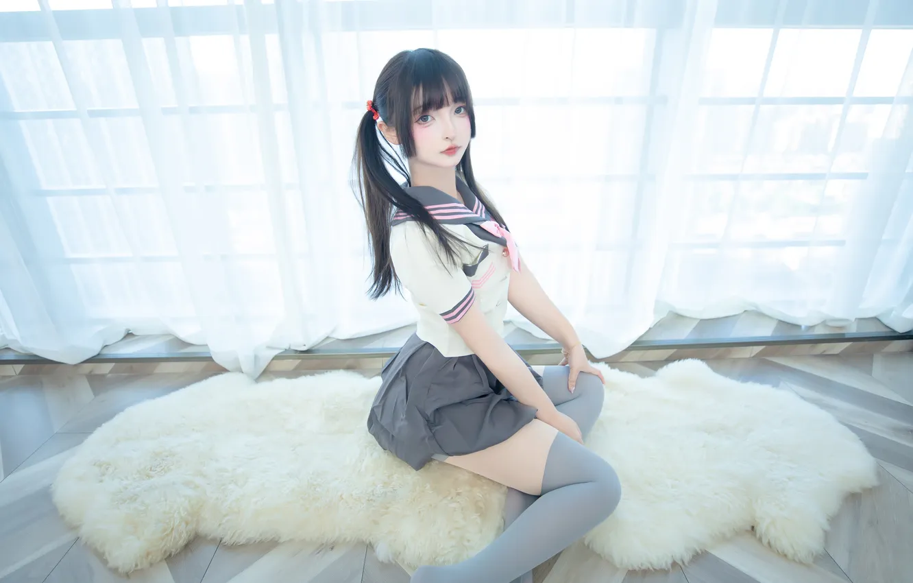 Photo wallpaper school uniform, twintails, model, women, cosplay, asian, Mafuyu Kagurazaka