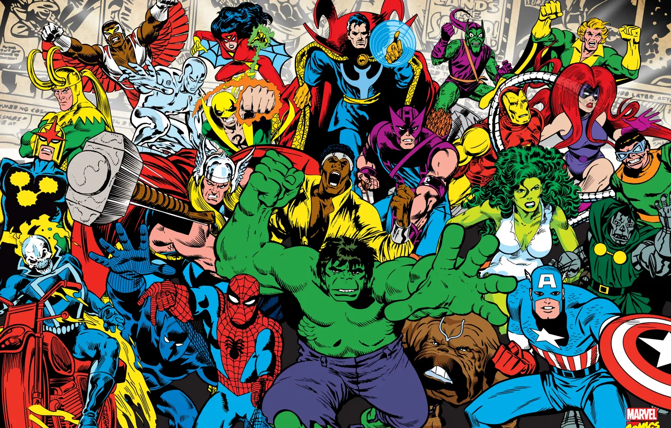 Photo wallpaper Ghost Rider, Hulk, Iron Man, comic, Medusa, Nova, Falcon, marvel
