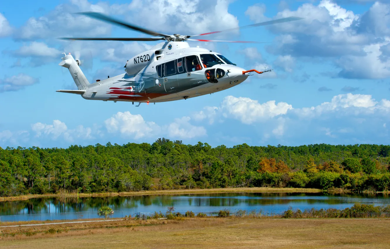Photo wallpaper the sky, trees, river, shore, helicopter, multipurpose, Sikorsky, S-76D