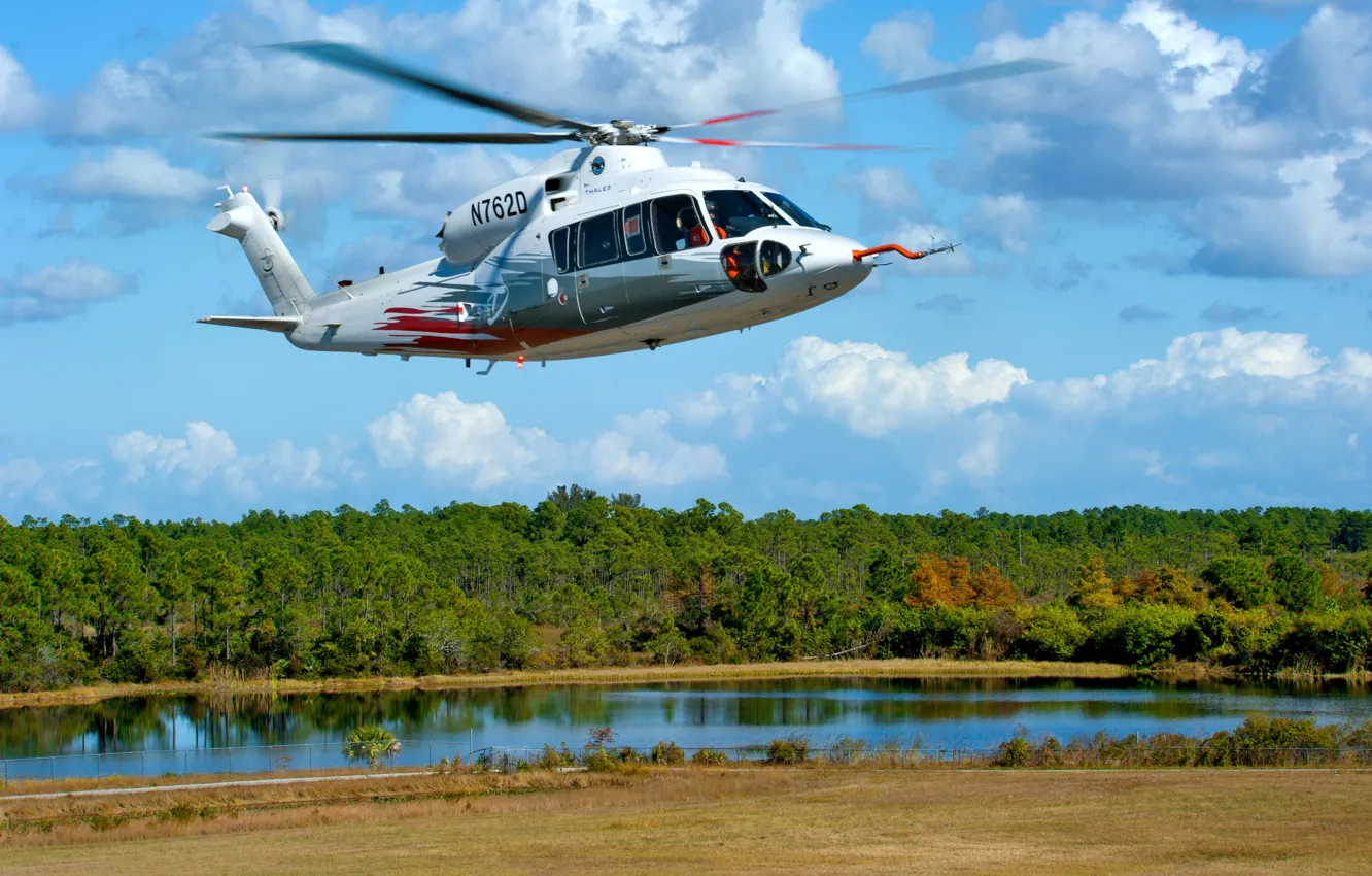 Photo wallpaper the sky, trees, river, helicopter, Bank, multipurpose, Sikorsky, S-76D