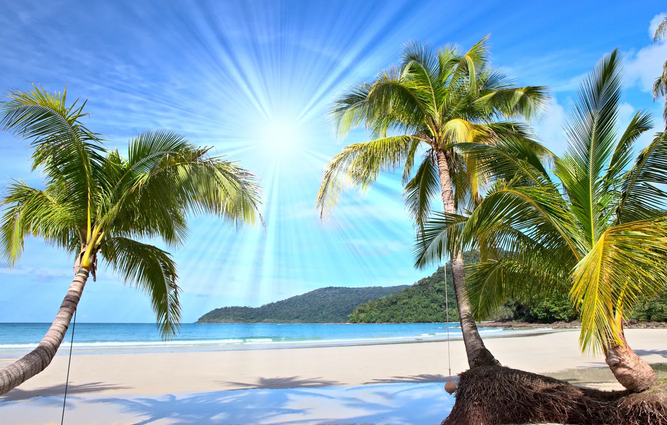 Photo wallpaper sand, sea, wave, beach, summer, the sky, palm trees, shore