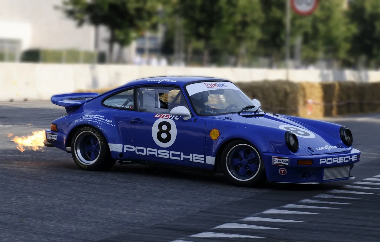 Photo wallpaper car, asphalt, blue, retro, flame, sport, 911, Porsche