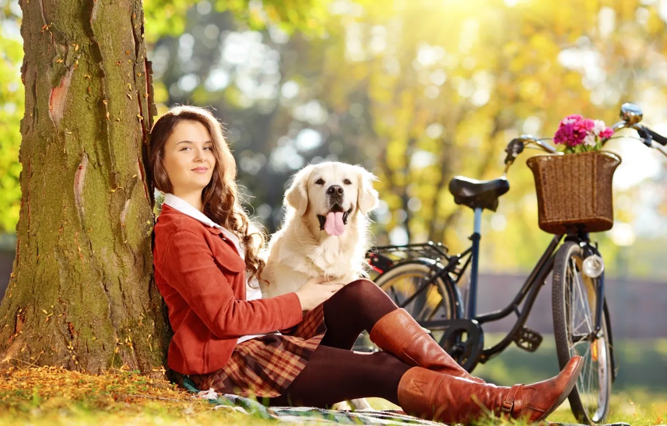 Photo wallpaper girl, nature, bike, dog