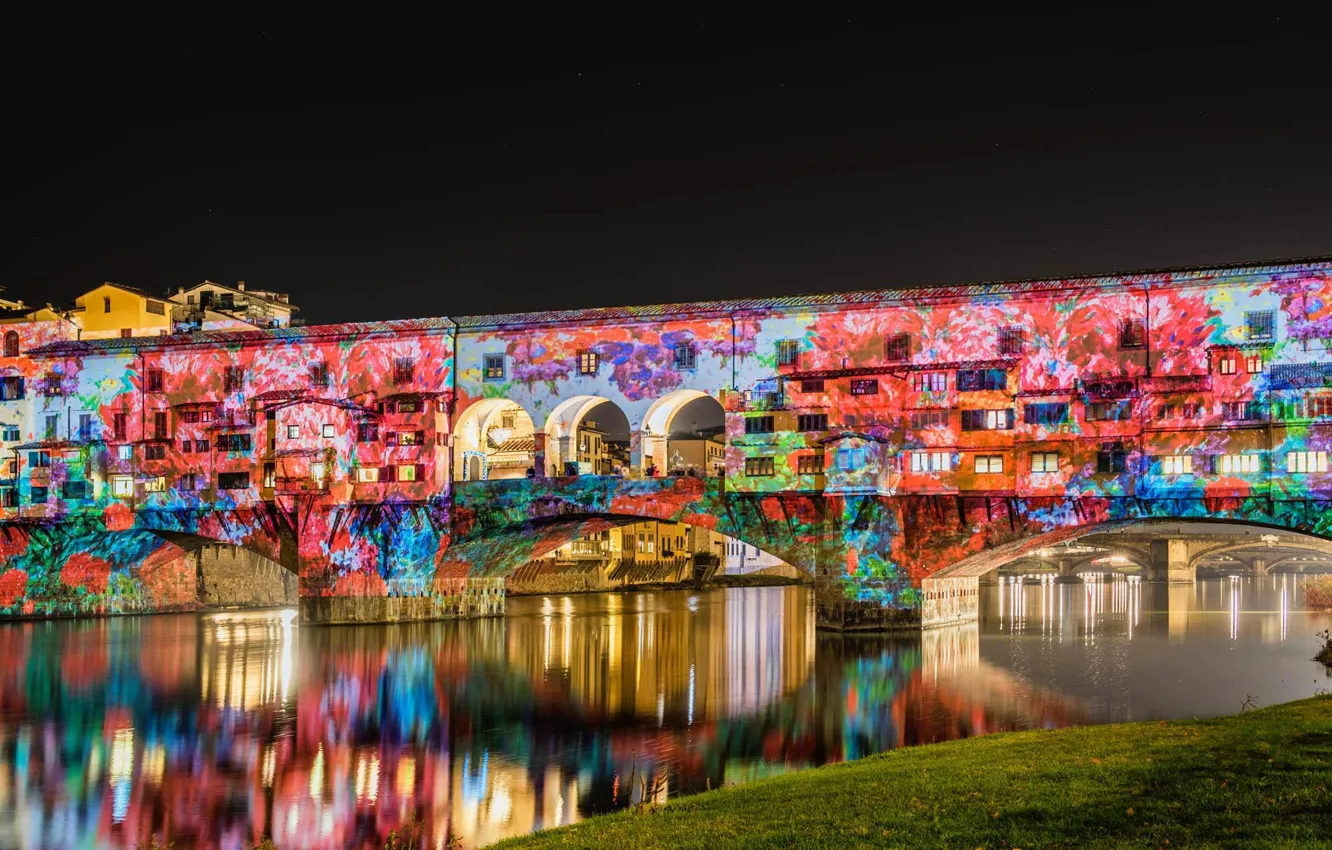 Photo wallpaper night, bridge, lights, river, Italy, show, Florence, The Ponte Vecchio