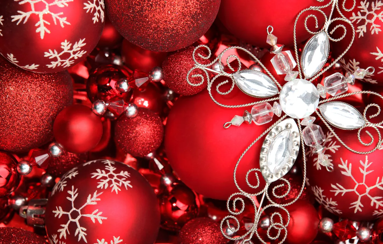 Photo wallpaper winter, balls, snowflakes, red, holiday, balls, toy, new year