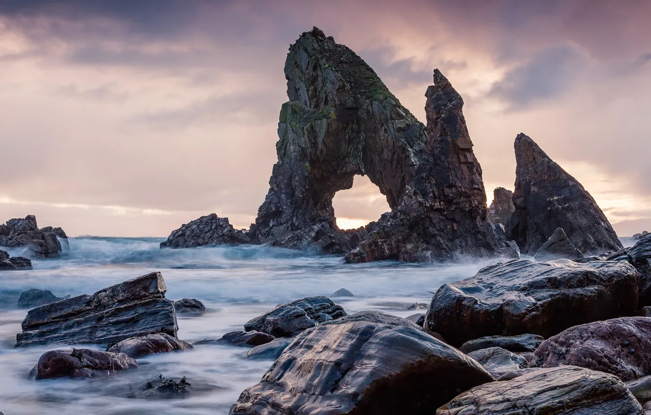 Photo wallpaper sea, wave, the sky, clouds, stones, rocks, shore, surf