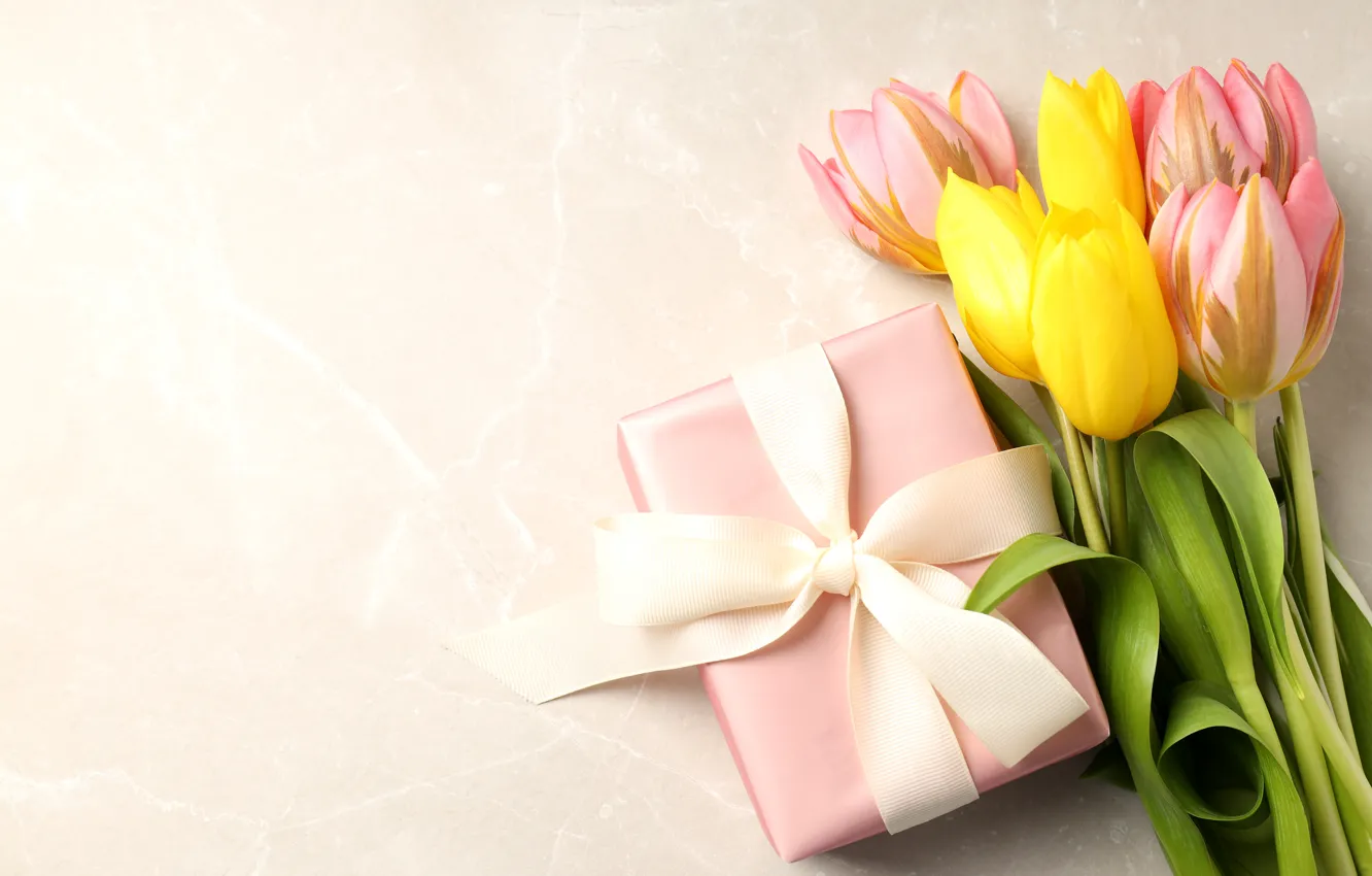 Photo wallpaper flowers, gift, tulips, March 8, pink, flowers, tulips, spring
