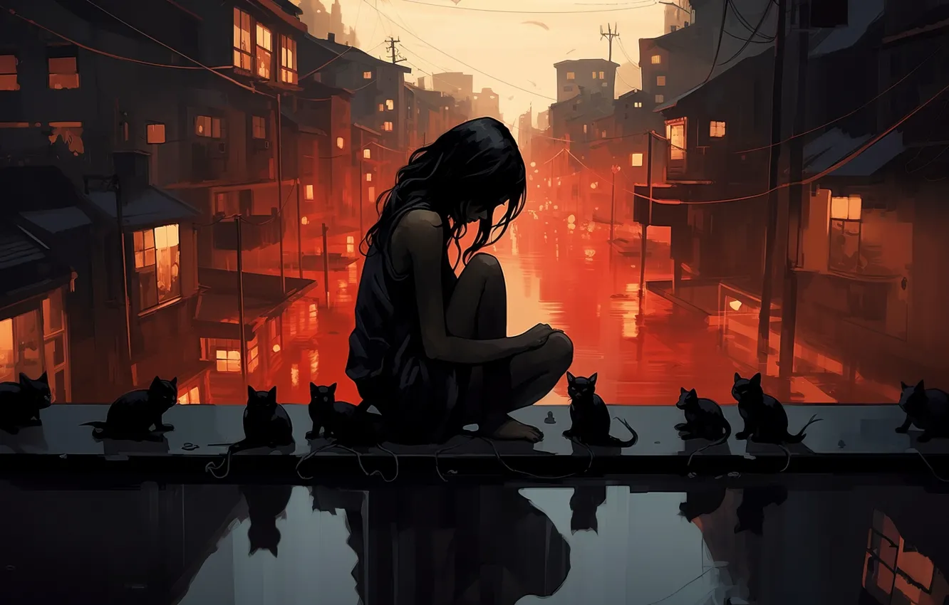 Photo wallpaper city, long hair, animals, women, cats, reflection, digital art, building