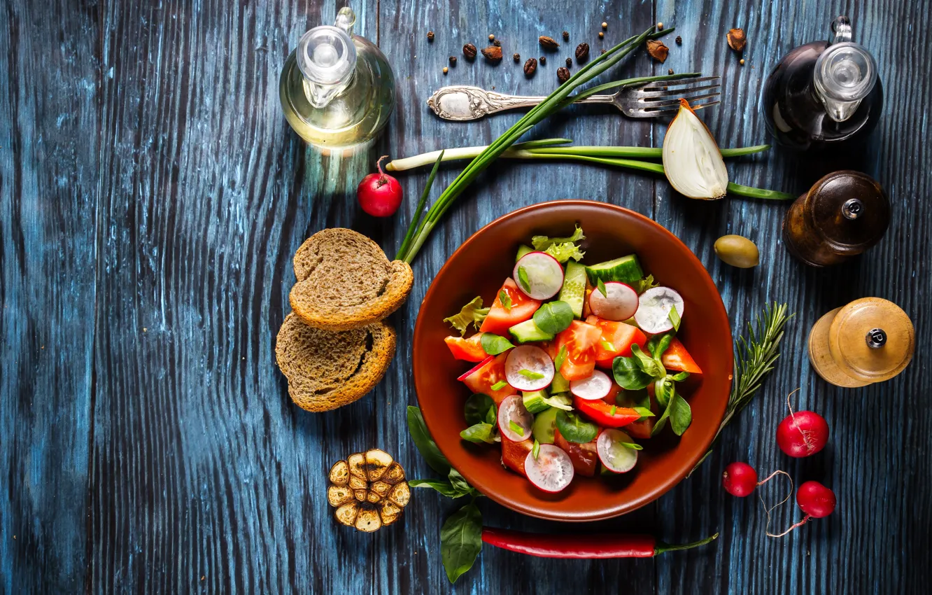 Photo wallpaper bread, vegetables, tomatoes, wood, cucumbers, salad, spices