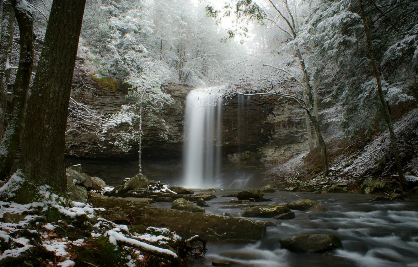Photo wallpaper winter, frost, forest, snow, river, waterfall, stream