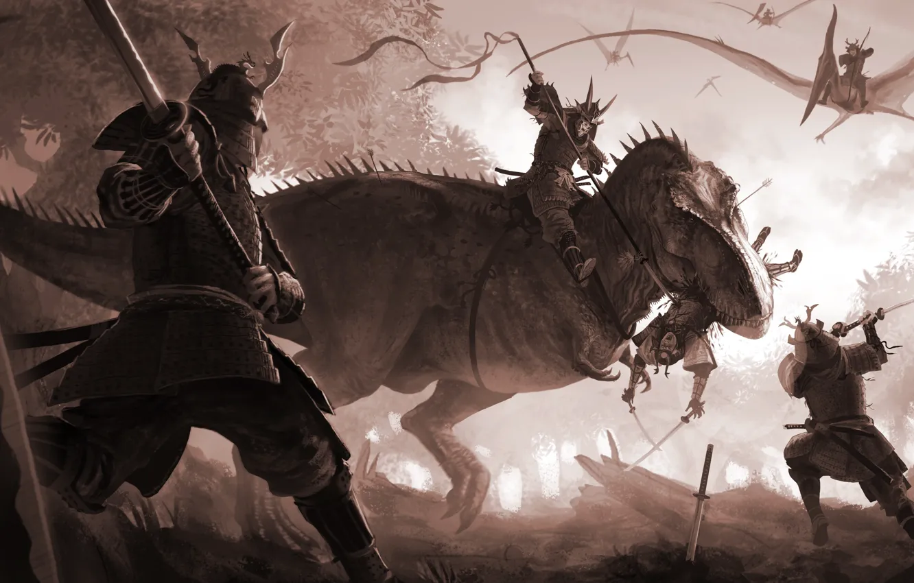 Photo wallpaper dinosaur, sword, katana, art, lizard, battle, samurai, pterodactyl