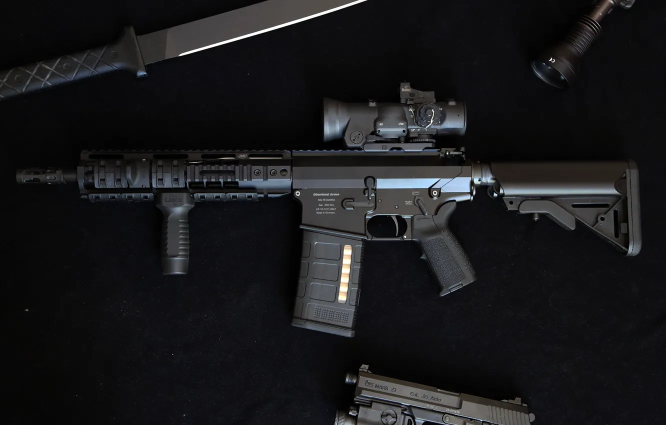 Photo wallpaper gun, weapons, knife, flashlight, Automatic rifle, DMR, OA-10