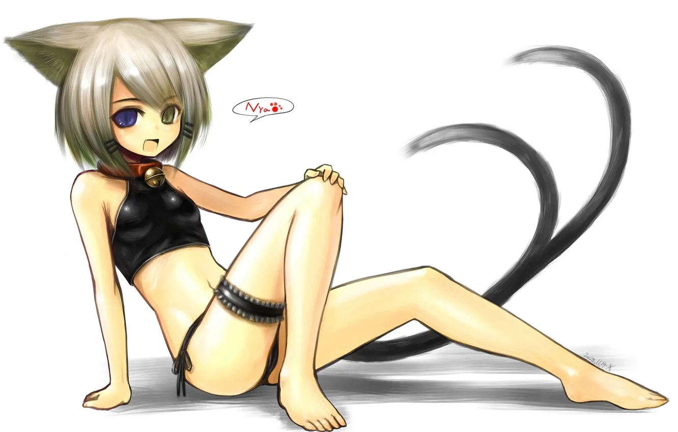 Photo wallpaper girl, anime, art, tail, collar, bells, ears, heterochromia