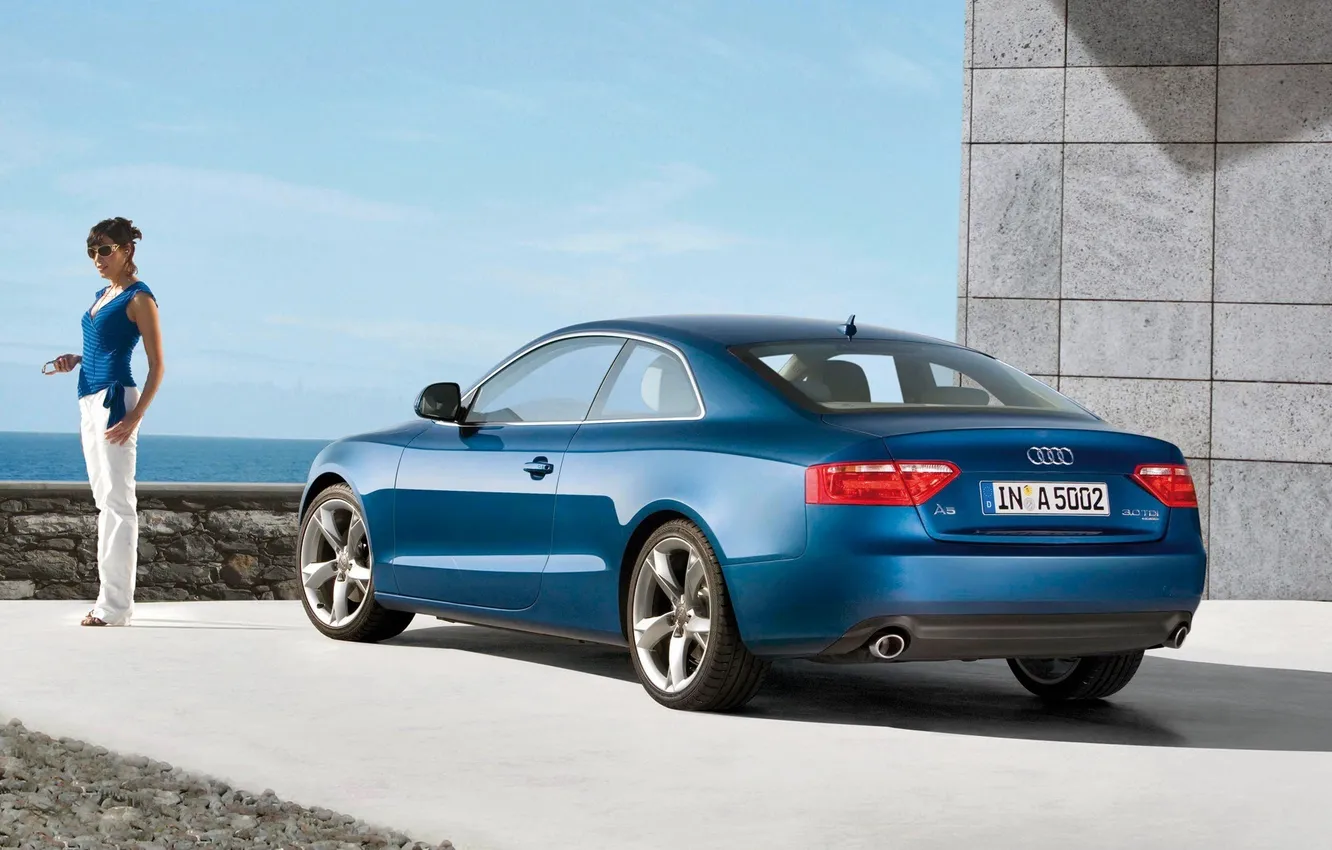 Photo wallpaper machine, girl, Audi A5, blue car