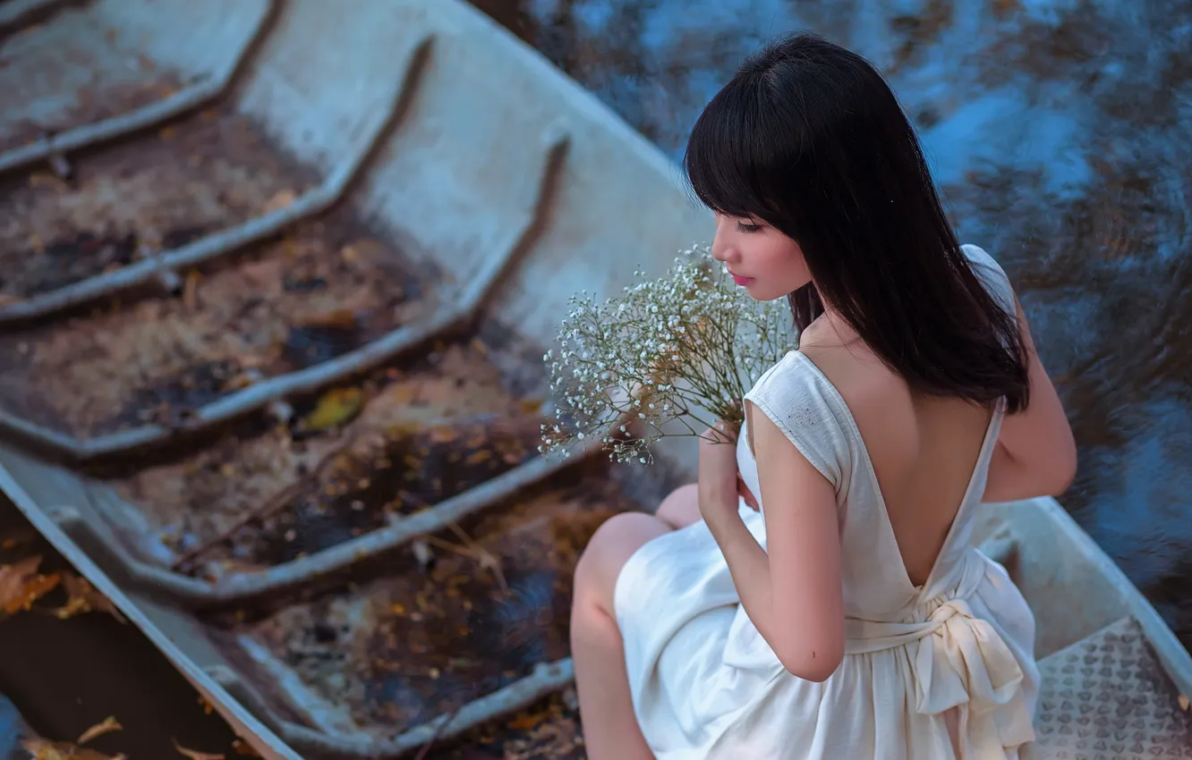 Photo wallpaper girl, flowers, pose, boat