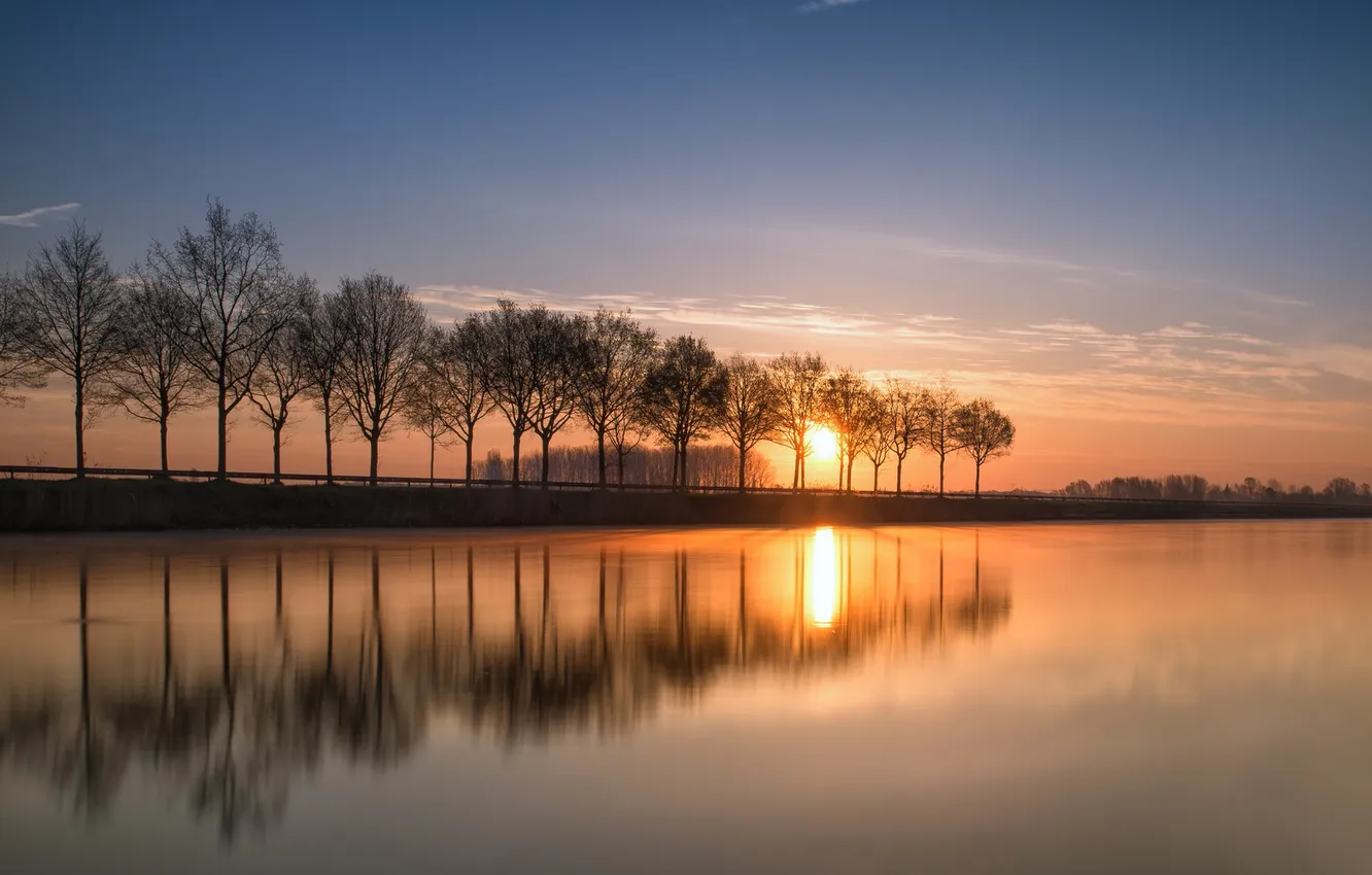 Photo wallpaper trees, reflection, river, sunrise, dawn, channel