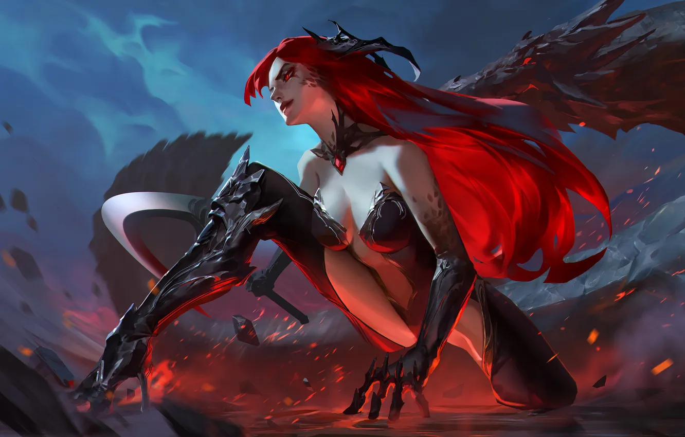 Photo wallpaper girl, fantasy, armor, legs, weapon, night, red eyes, redhead