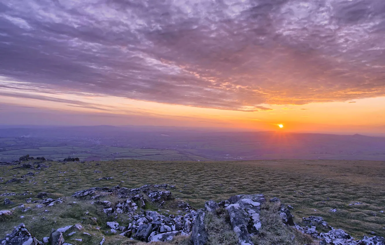 Photo wallpaper clouds, sunset, England, valley, Devon, Dartmoor National Park