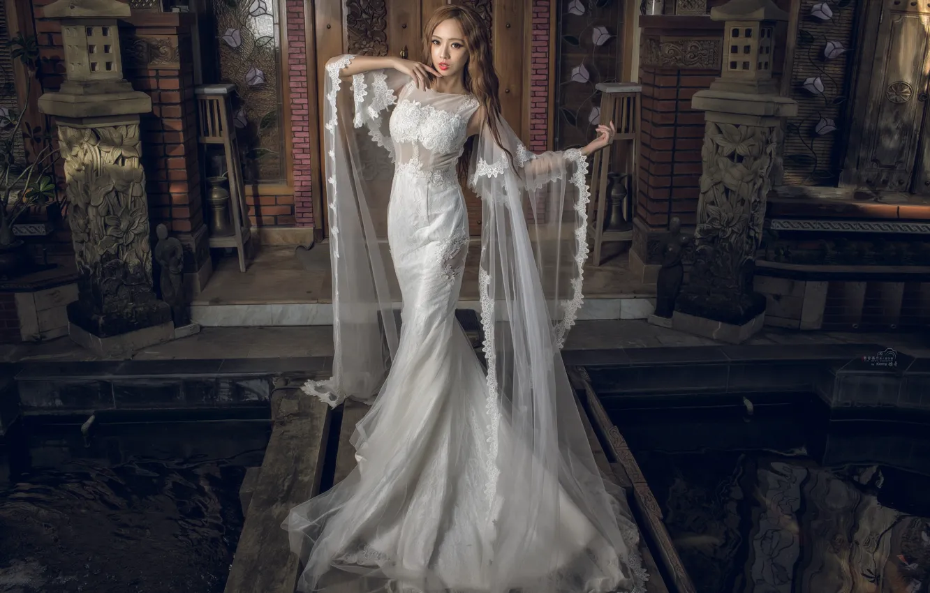 Photo wallpaper girl, pose, style, dress, Asian, wedding dress