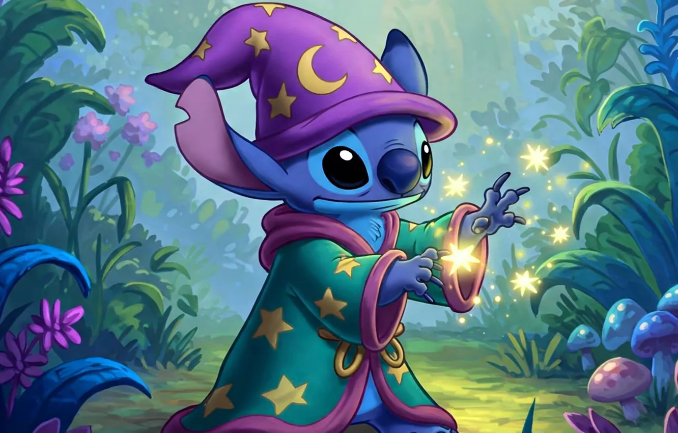 Photo wallpaper magic, alien, stars, alien, characters, cap, Stitch, bokeh