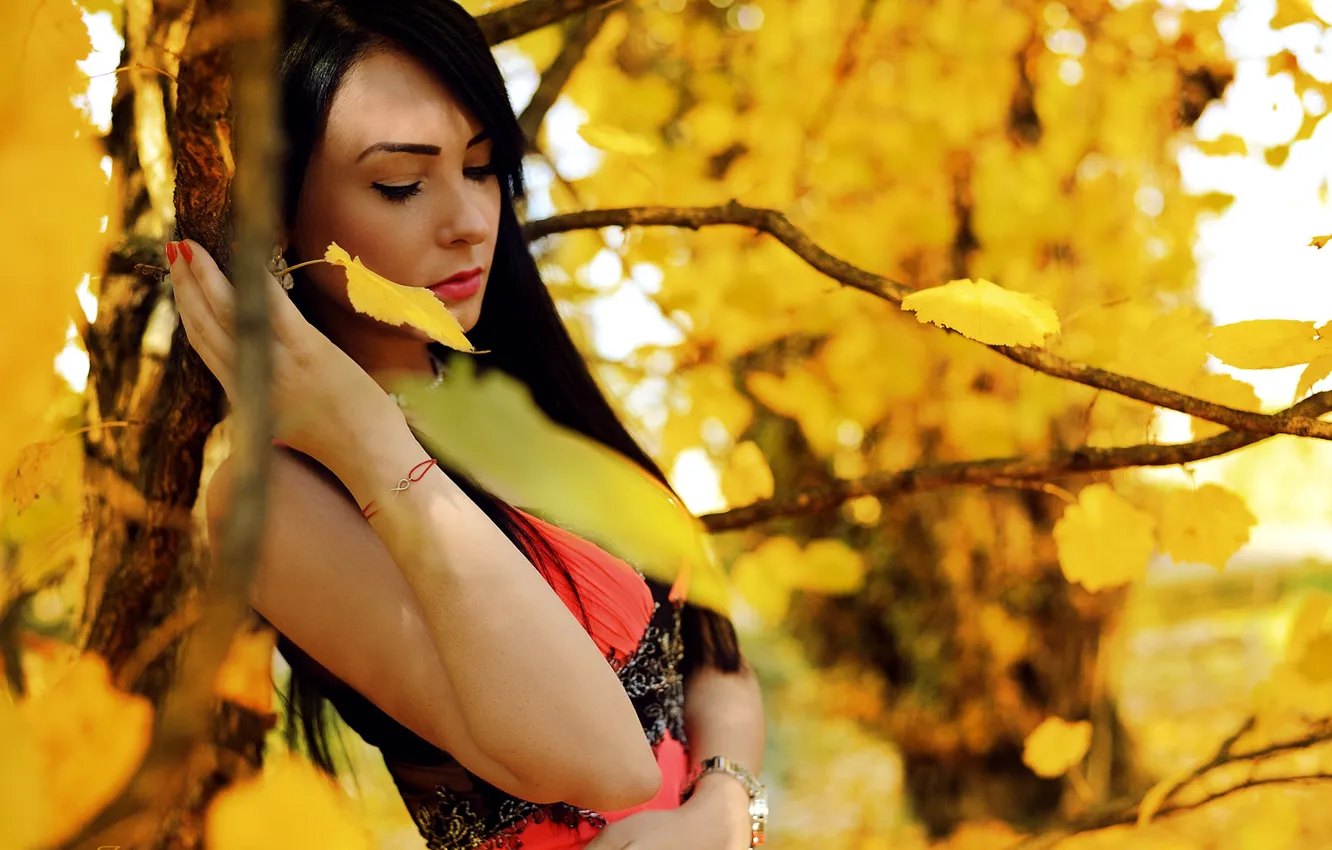 Photo wallpaper autumn, leaves, trees, branches, model, portrait, makeup, brunette