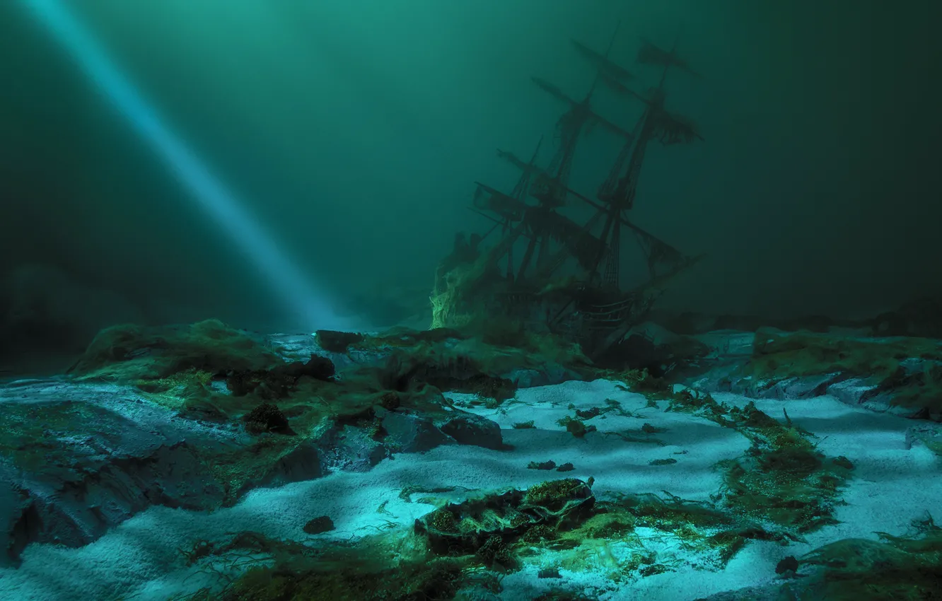 Photo wallpaper ship, the bottom, ray, shipwreck, ship, bottom, shipwreck, beam