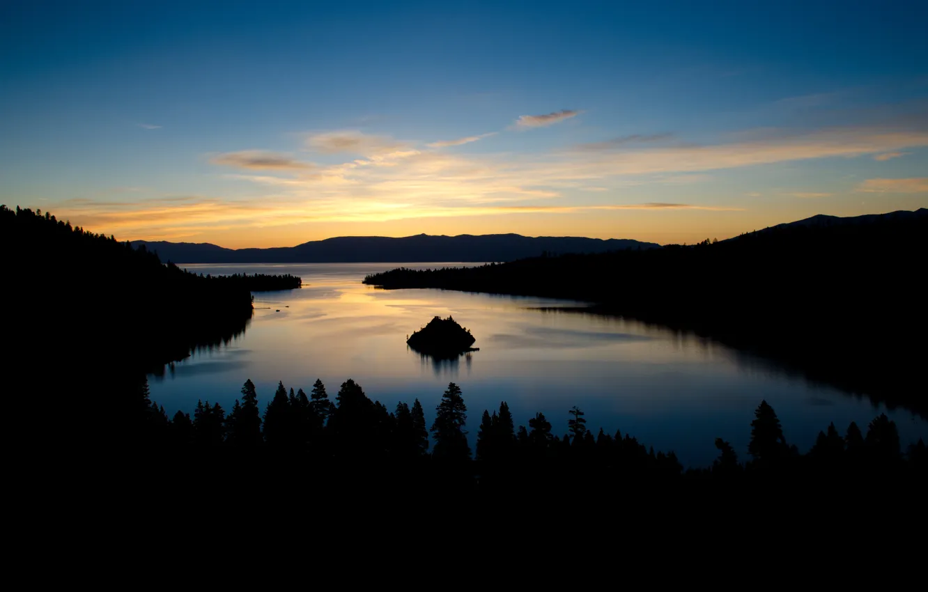 Photo wallpaper forest, mountains, dawn, morning, USA, california, sunrise, lake tahoe