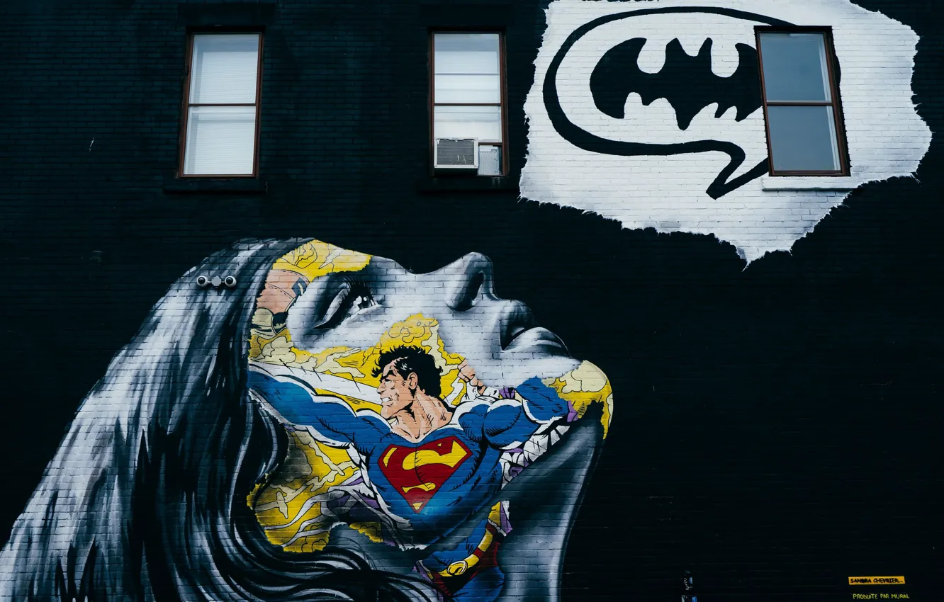 Photo wallpaper girl, face, wall, graffiti, Superman