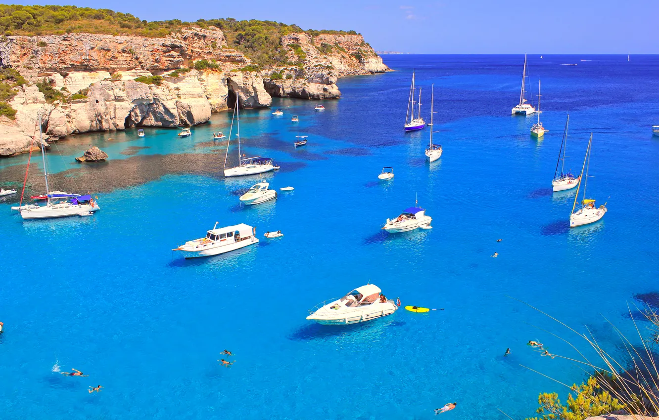 Photo wallpaper sea, the sky, rocks, people, Bay, yacht, boat, Bay