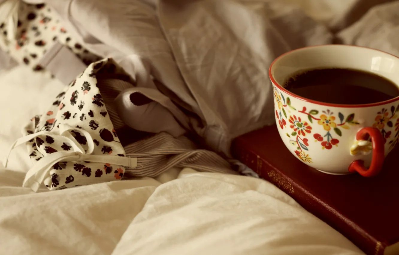 Photo wallpaper Wallpaper, coffee, Cup, bed, book