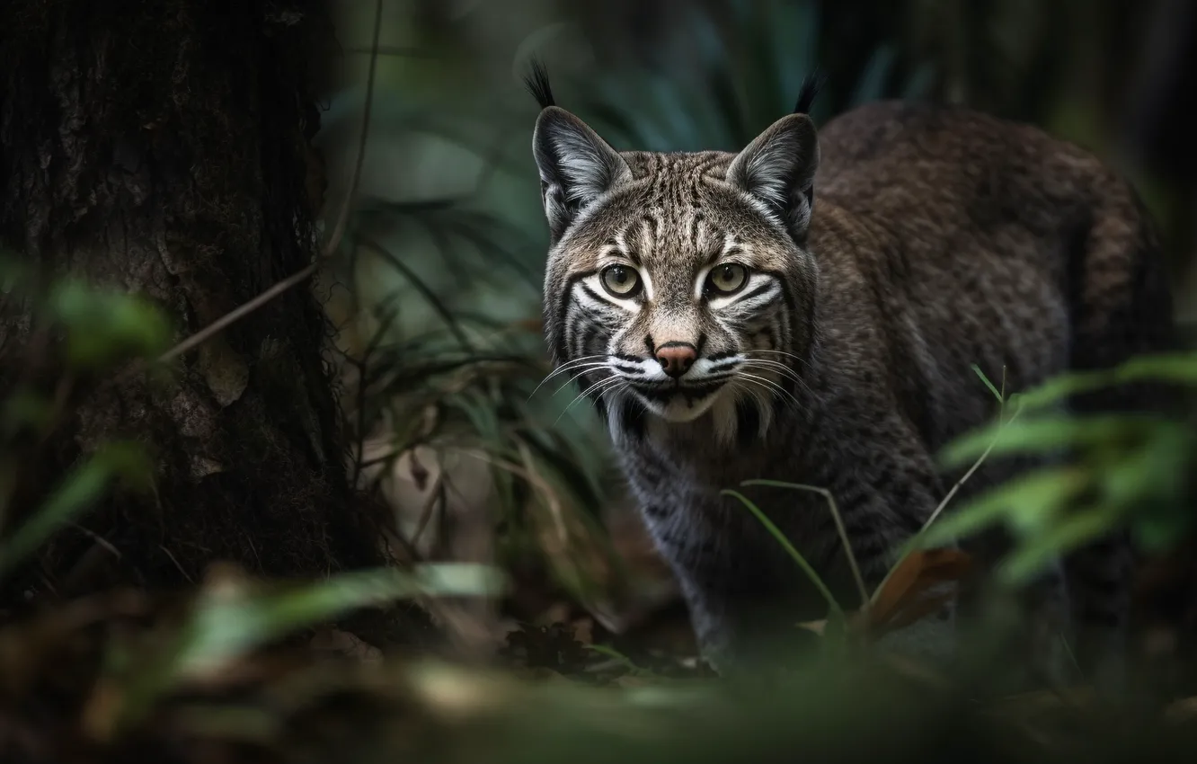 Photo wallpaper forest, grass, look, predator, lynx, big cat, digital art, AI art