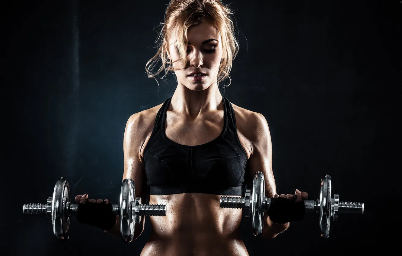 Photo wallpaper girl, sports, fitness, dumbbells