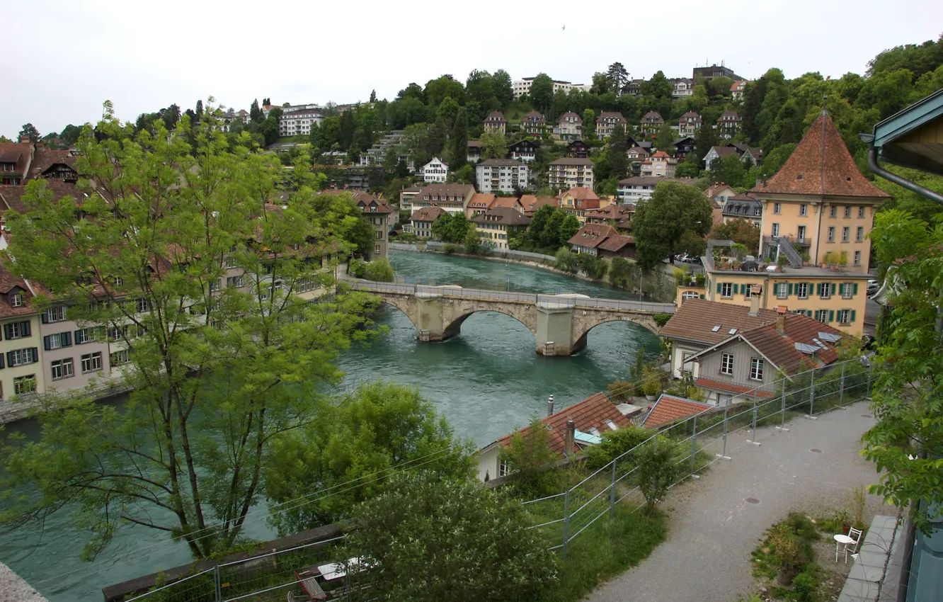 Photo wallpaper the sky, trees, bridge, river, home, Switzerland, Bern, Bern