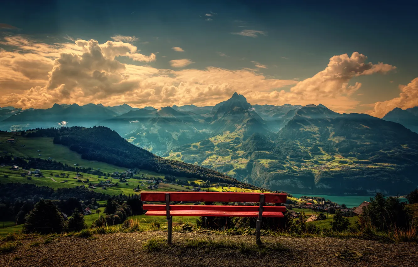 Photo wallpaper landscape, mountains, view, beauty, treatment, bench, The red bench