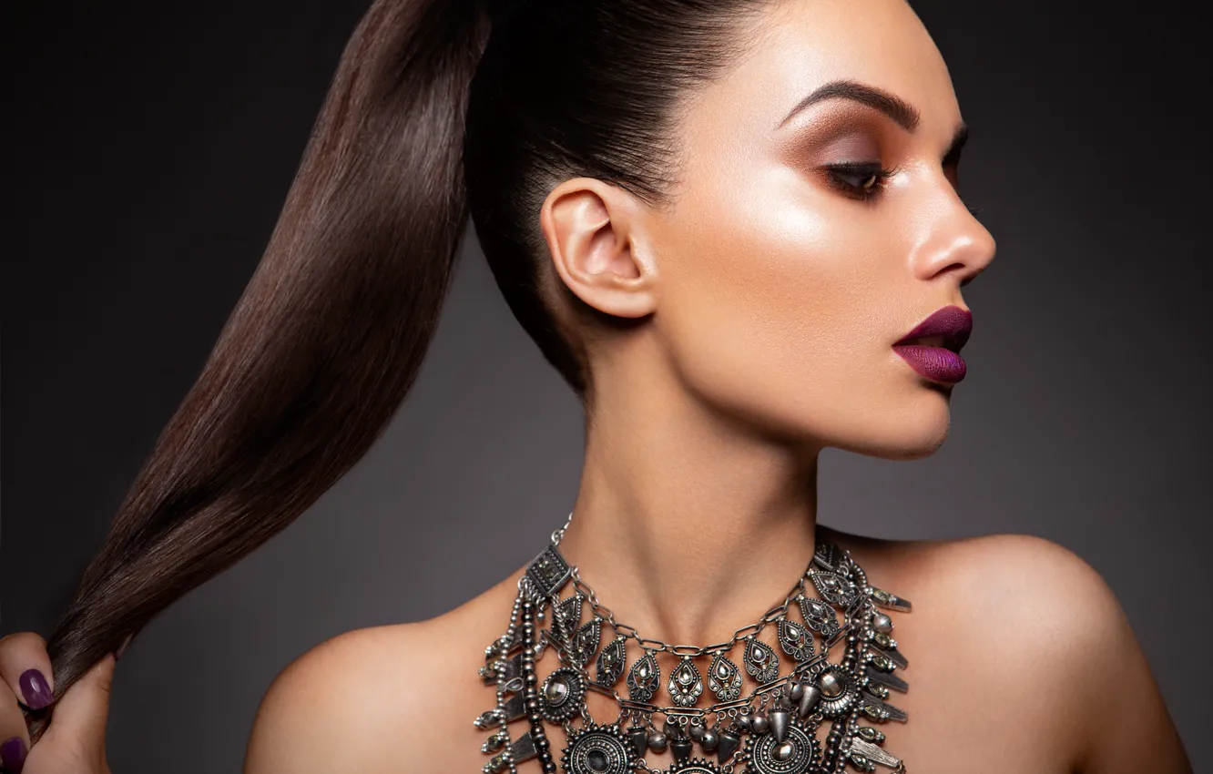 Photo wallpaper girl, portrait, makeup, hairstyle, girl, woman, necklace, hair