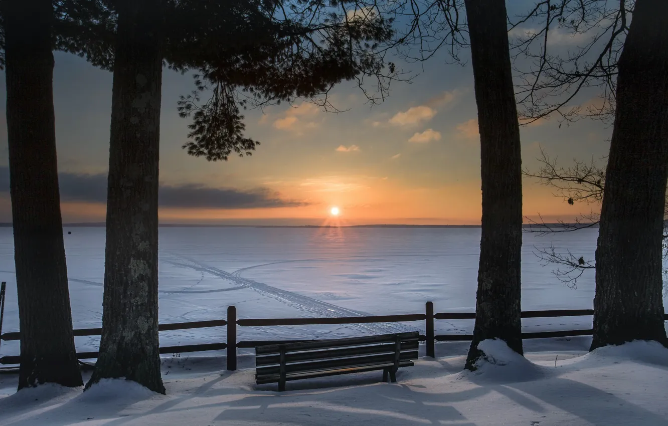 Photo wallpaper winter, sunset, bench