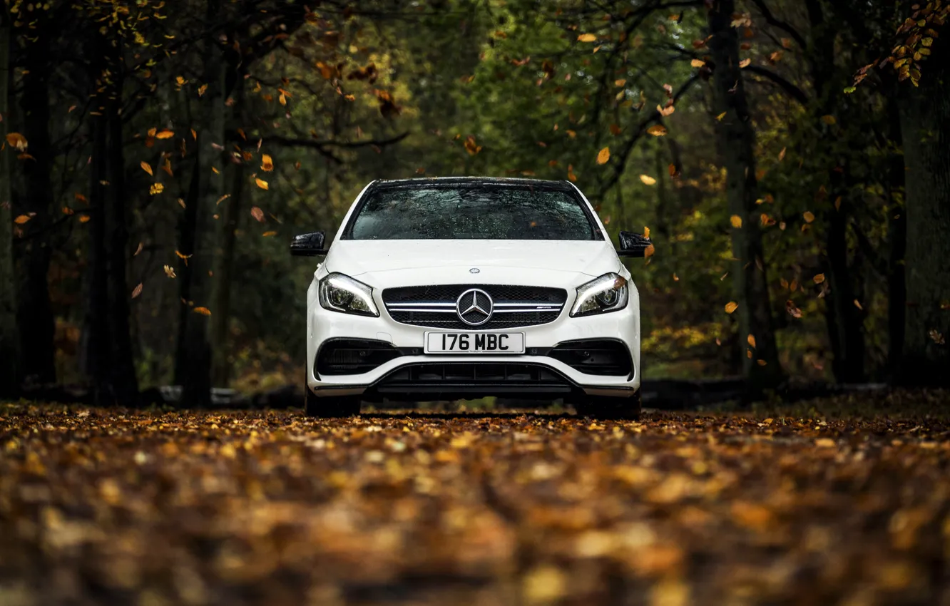 Photo wallpaper autumn, white, leaves, Mercedes-Benz, Mercedes, AMG, AMG, A-class