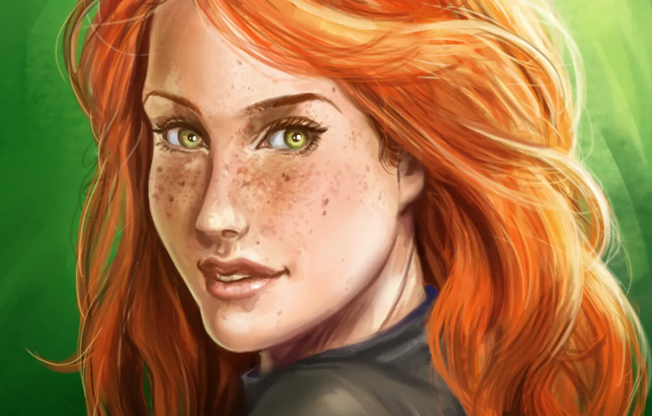 Photo wallpaper look, girl, background, art, freckles, red, green eyes