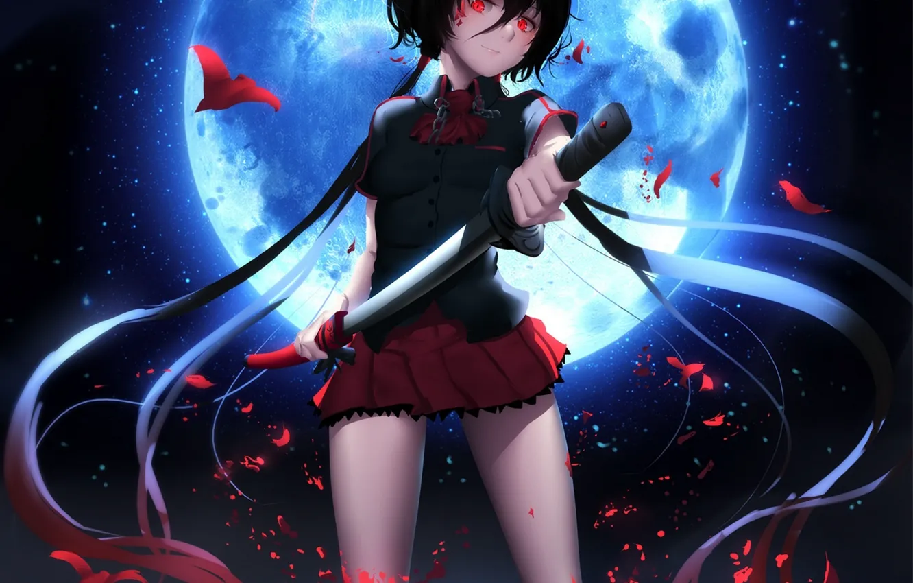 Photo wallpaper girl, night, smile, weapons, the moon, katana, anime, art