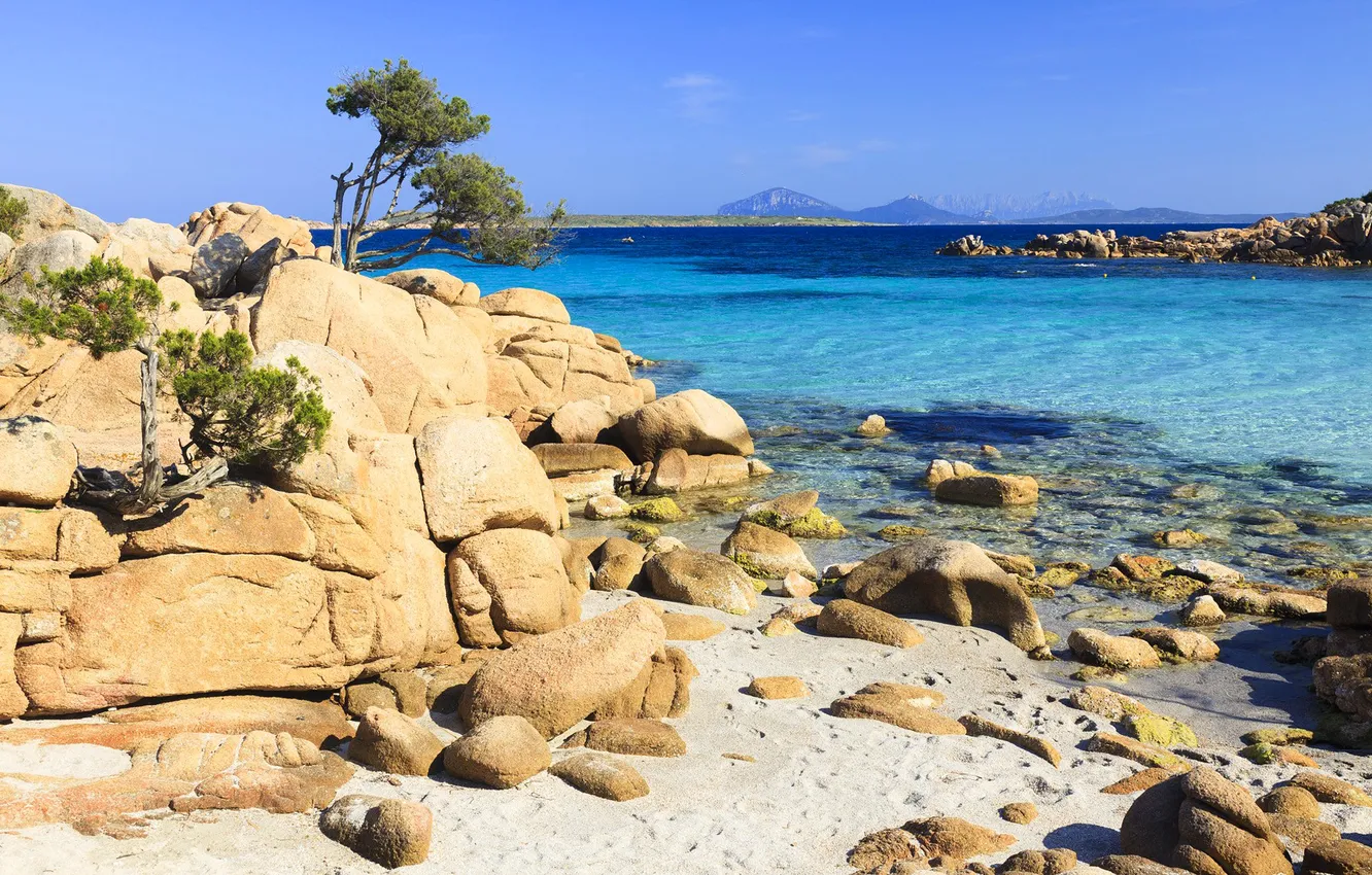 Photo wallpaper sea, the sky, trees, mountains, lake, stones, rocks