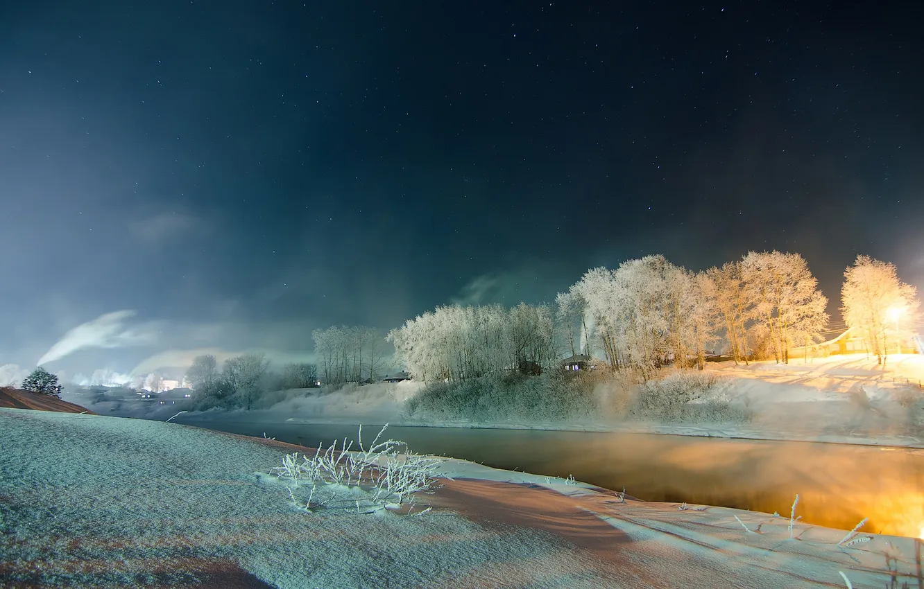 Photo wallpaper winter, frost, snow, river, Night