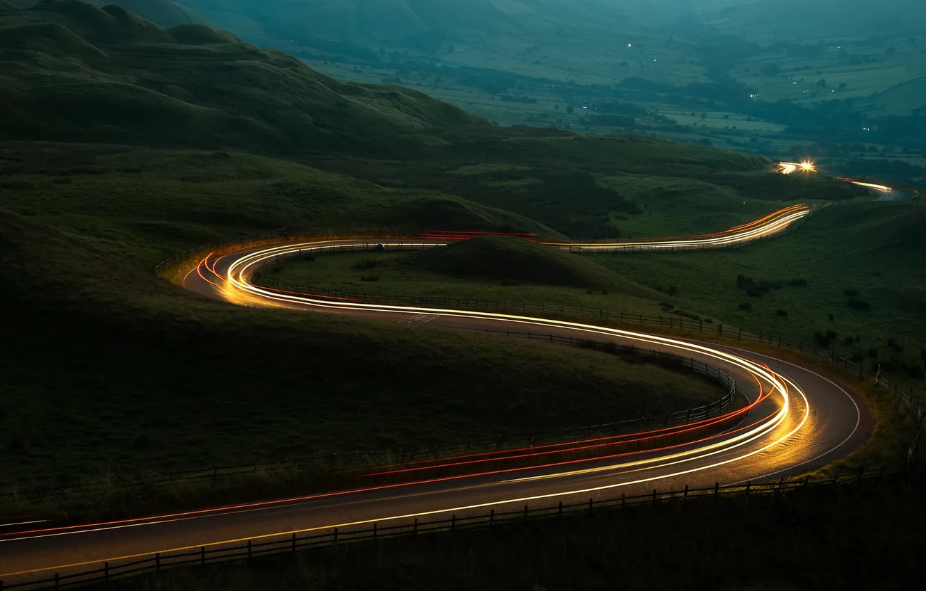 Photo wallpaper road, mountains, the evening, twilight, serpentine