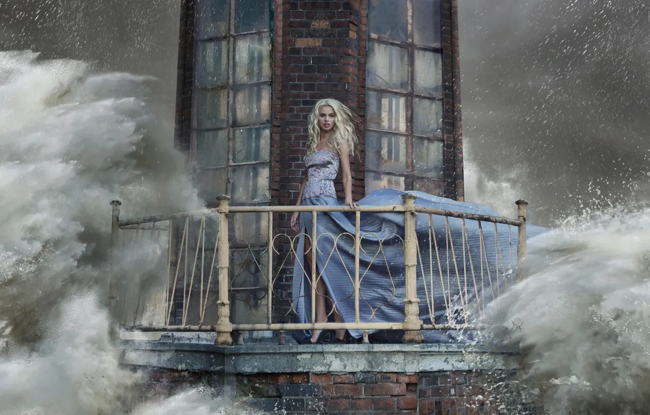 Photo wallpaper wave, water, girl, squirt, storm, lighthouse, dress, blonde