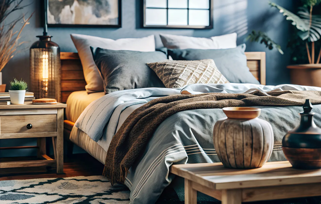 Photo wallpaper comfort, room, wall, bed, home, interior, pillow, bed