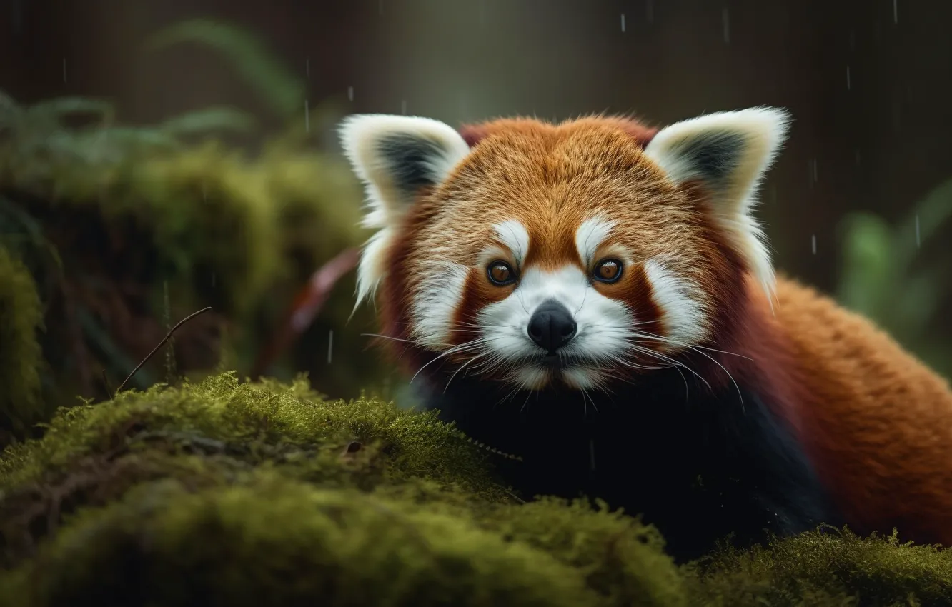 Photo wallpaper look, nature, pose, rain, moss, portrait, red Panda, face