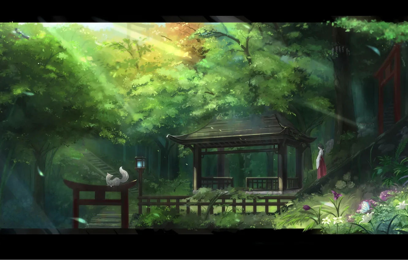 Photo wallpaper flowers, ladder, Fox, priestess, gazebo, the rays of the sun, in the woods, torii gate