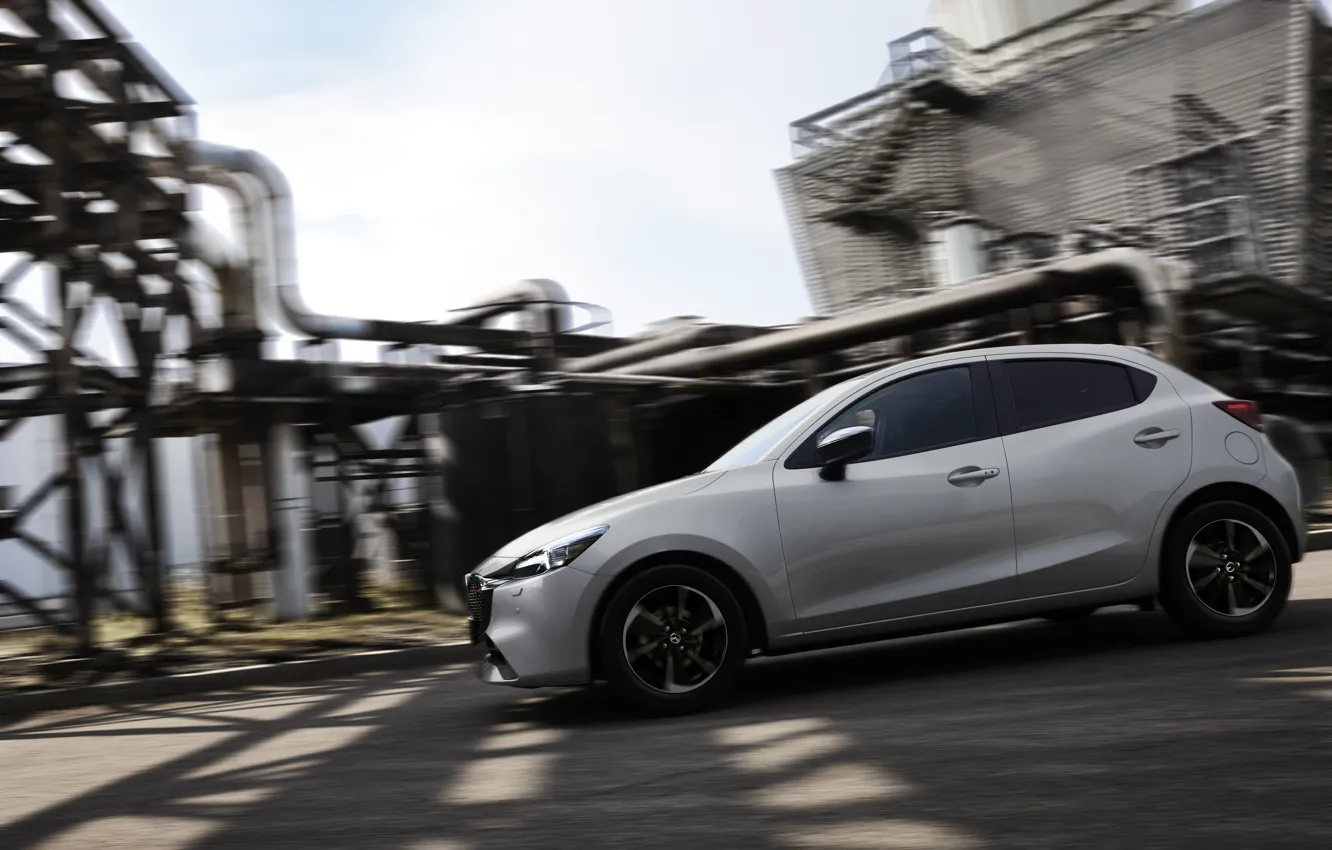 Photo wallpaper White, Mazda, Hybrid, Hybrid, Side, Mazda 2, 2023, City car