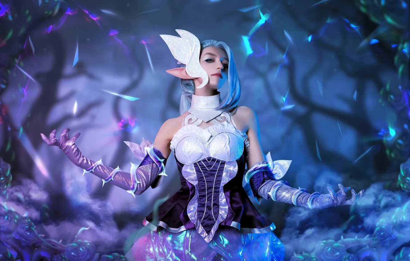 Photo wallpaper girl, branches, dress, costume, outfit, gloves, image, crystals