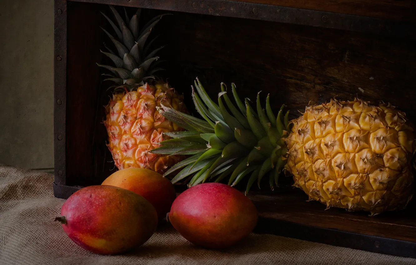 Photo wallpaper the dark background, fruit, mango, pineapple, still life, box, burlap
